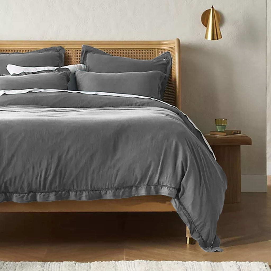 Embroidered Edge Light Grey 100% Pure Linen | Linen Cotton Mix | 3 Piece Duvet Cover Set | 4 Piece Sheet Set | Handmade | Pre-washed | Soft