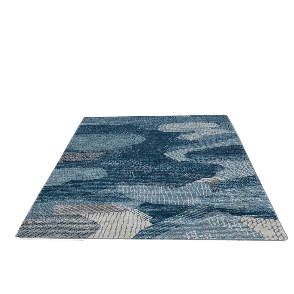 Shades of Blue | Abstract Design - Handcrafted Rug/Carpet | Pure Wool | Hand Tufted | High Pile | High Density | Yarn Dyed